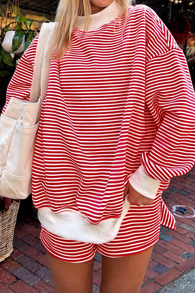 Red Stripe Oversized Mock Neck Sweatshirt & Shorts Set