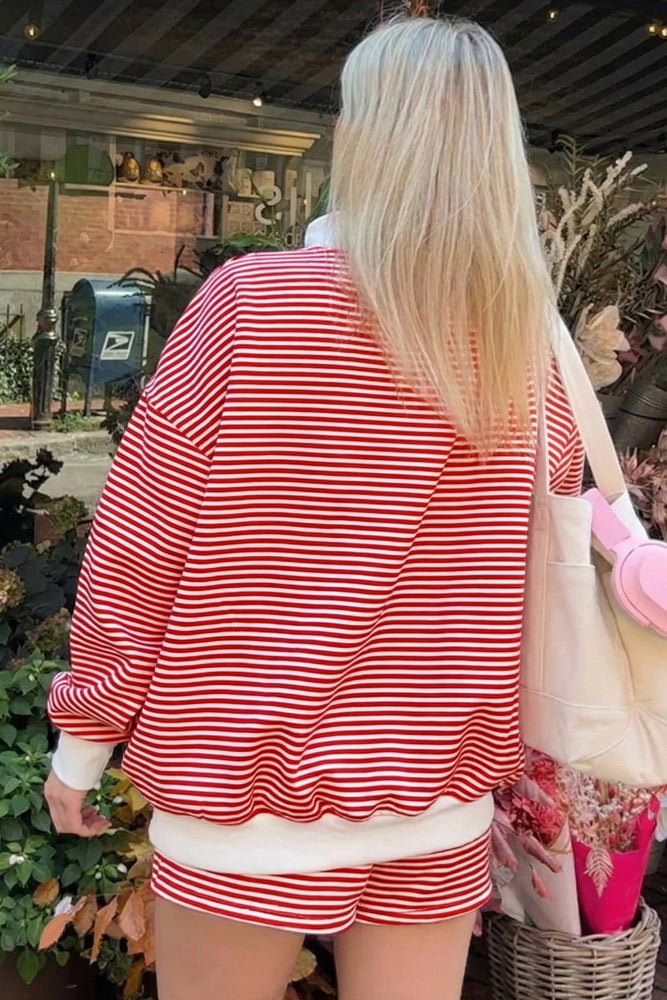 Red Stripe Oversized Mock Neck Sweatshirt & Shorts Set