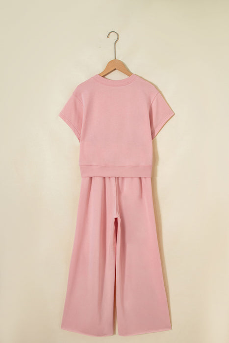 Light Pink Solid Color Loose Tee Drawstring Wide Leg Pants 2pcs Outfit