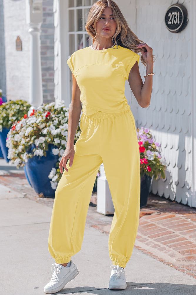 Yellow cream cropped top and jogger pants set view 14