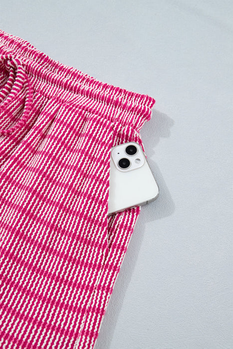Rose Stripe Raised Rib Loose Tee Drawstring Elastic Waist 2pcs Short Set Dear lover