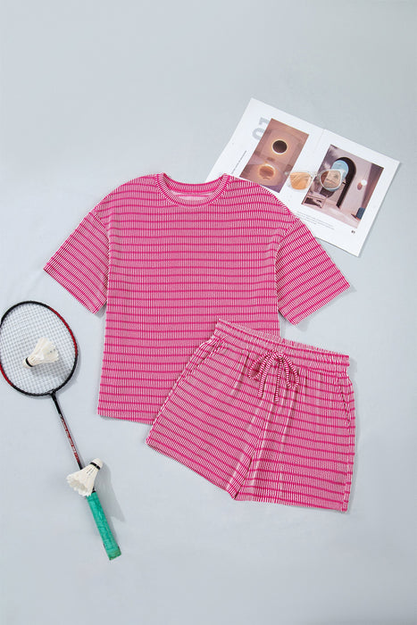 Rose Stripe Raised Rib Loose Tee Drawstring Elastic Waist 2pcs Short Set Dear lover