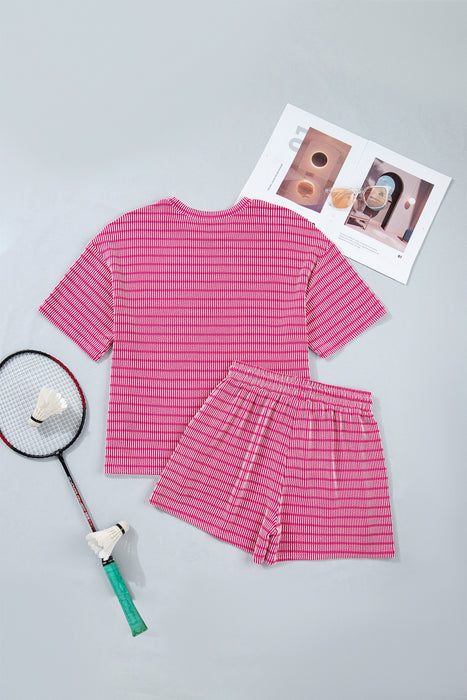 Rose Stripe Raised Rib Loose Tee Drawstring Elastic Waist 2pcs Short Set Dear lover