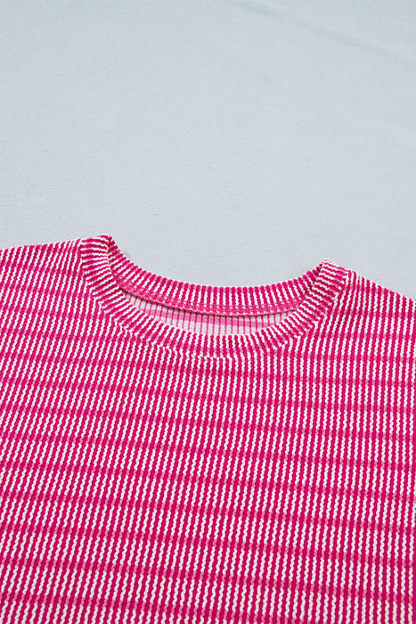 Rose Stripe Raised Rib Loose Tee Drawstring Elastic Waist 2pcs Short Set Dear lover
