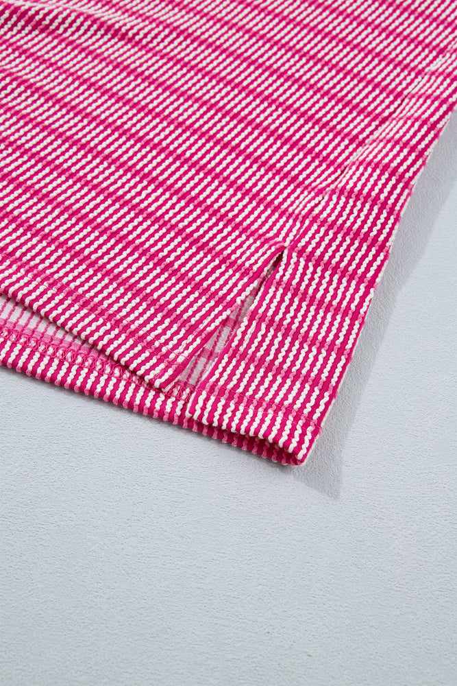 Rose Stripe Raised Rib Loose Tee Drawstring Elastic Waist 2pcs Short Set Dear lover