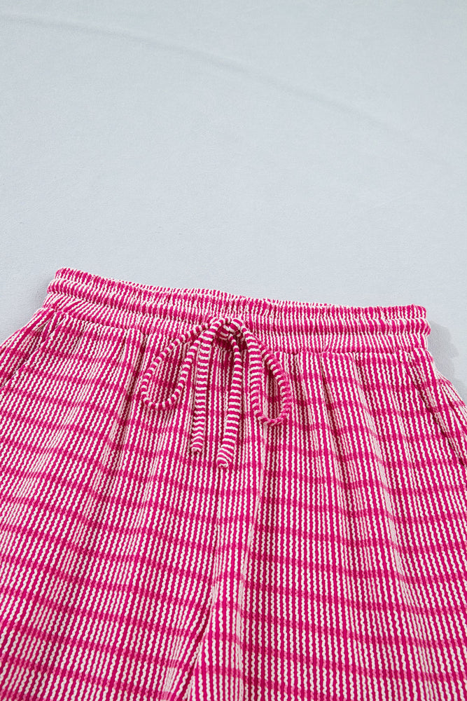 Rose Stripe Raised Rib Loose Tee Drawstring Elastic Waist 2pcs Short Set Dear lover