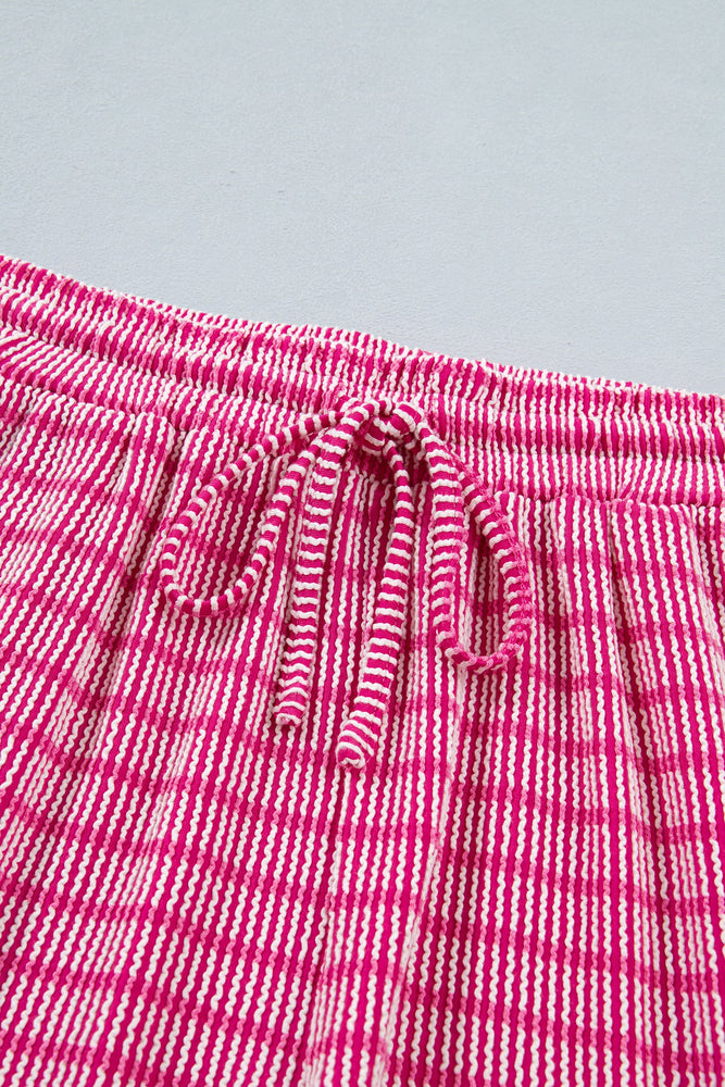 Rose Stripe Raised Rib Loose Tee Drawstring Elastic Waist 2pcs Short Set Dear lover