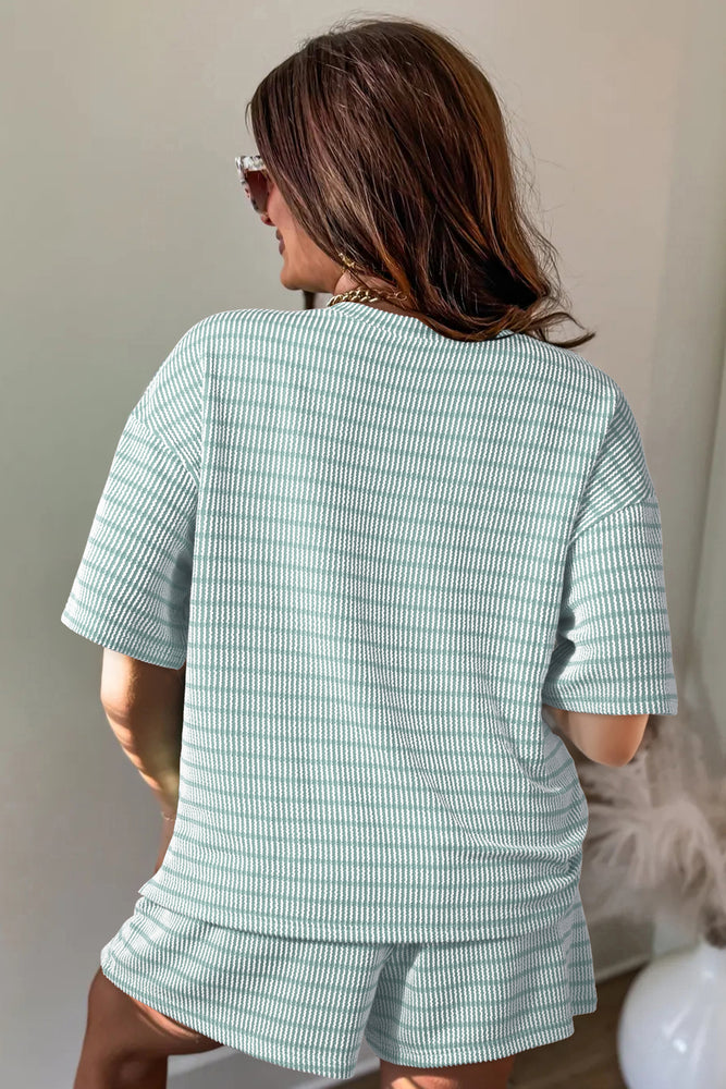 Green Stripe Raised Rib Tee & Drawstring Shorts Set
