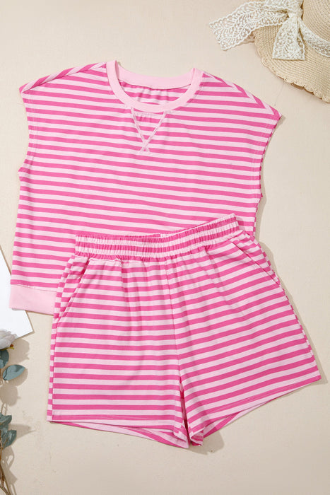Pink Stripe Cap Sleeve Tee Elastic Waist Shorts 2pcs Outfit Dear lover