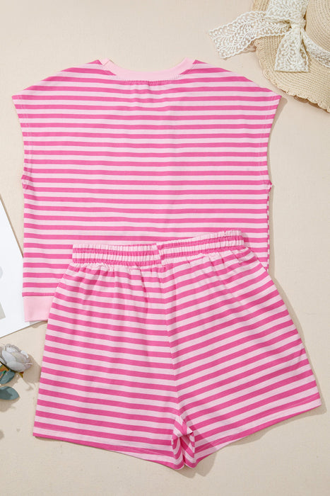 Pink Stripe Cap Sleeve Tee Elastic Waist Shorts 2pcs Outfit Dear lover
