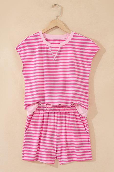 Pink Stripe Cap Sleeve Tee Elastic Waist Shorts 2pcs Outfit Dear lover