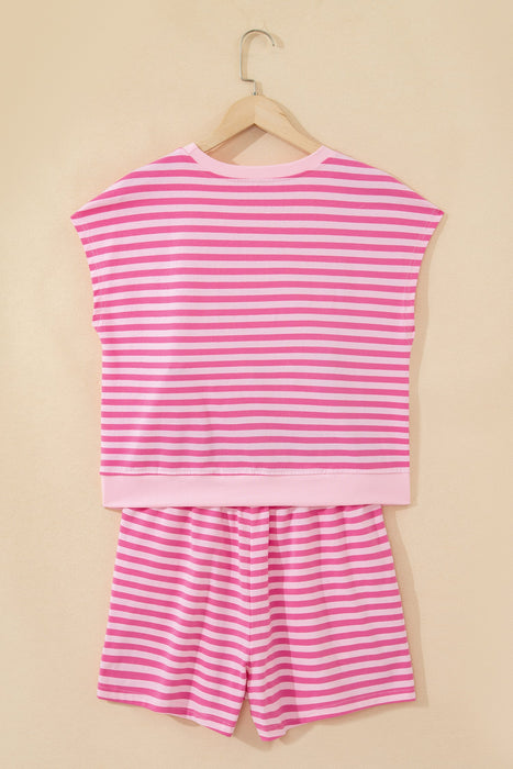 Pink Stripe Cap Sleeve Tee Elastic Waist Shorts 2pcs Outfit Dear lover