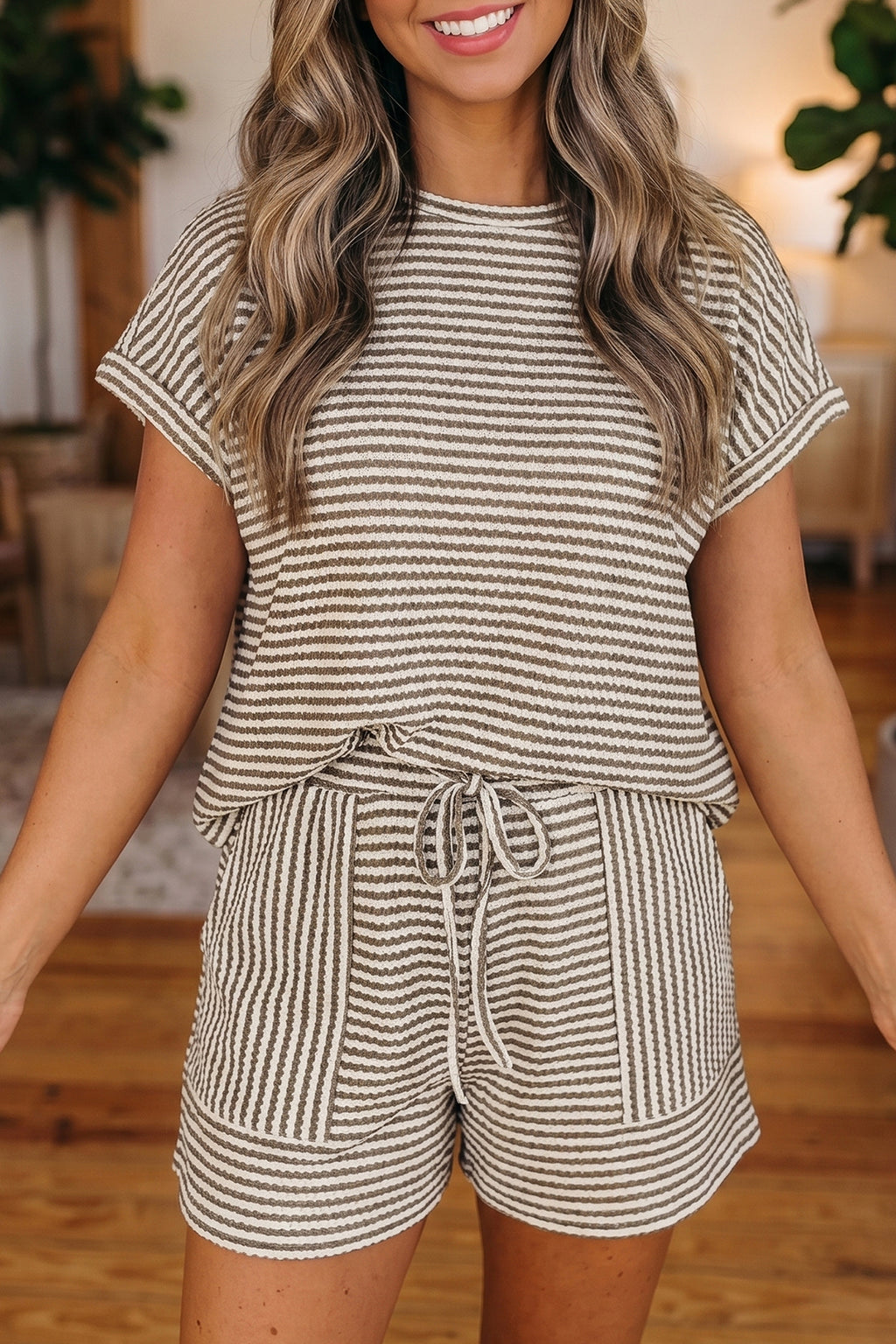 Brown Stripe Textured Knit Tee & Shorts Set