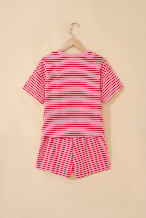 Rose Stripe Side Split Knit Tee Drawstring Shorts Set Dear lover