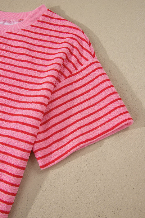 Rose Stripe Side Split Knit Tee Drawstring Shorts Set Dear lover