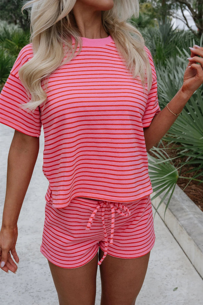 Rose Stripe Side Split Knit Tee Drawstring Shorts Set Dear lover