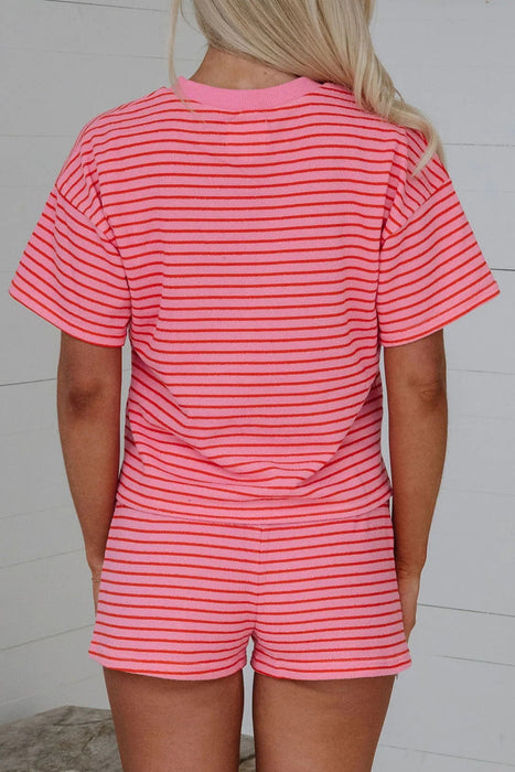 Rose Stripe Side Split Knit Tee Drawstring Shorts Set Dear lover