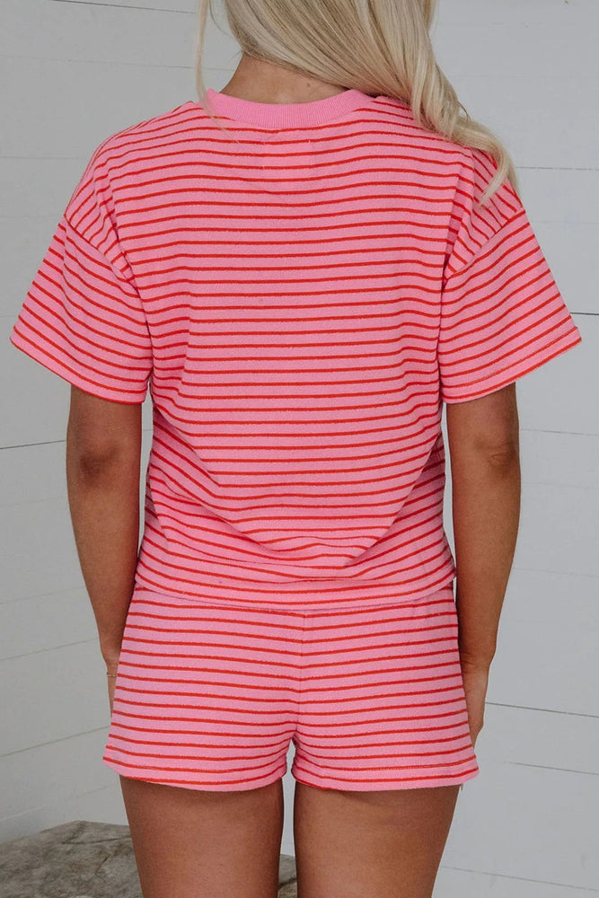 Rose Stripe Side Split Knit Tee Drawstring Shorts Set Dear lover