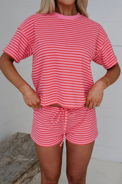 Rose Stripe Side Split Knit Tee Drawstring Shorts Set Dear lover