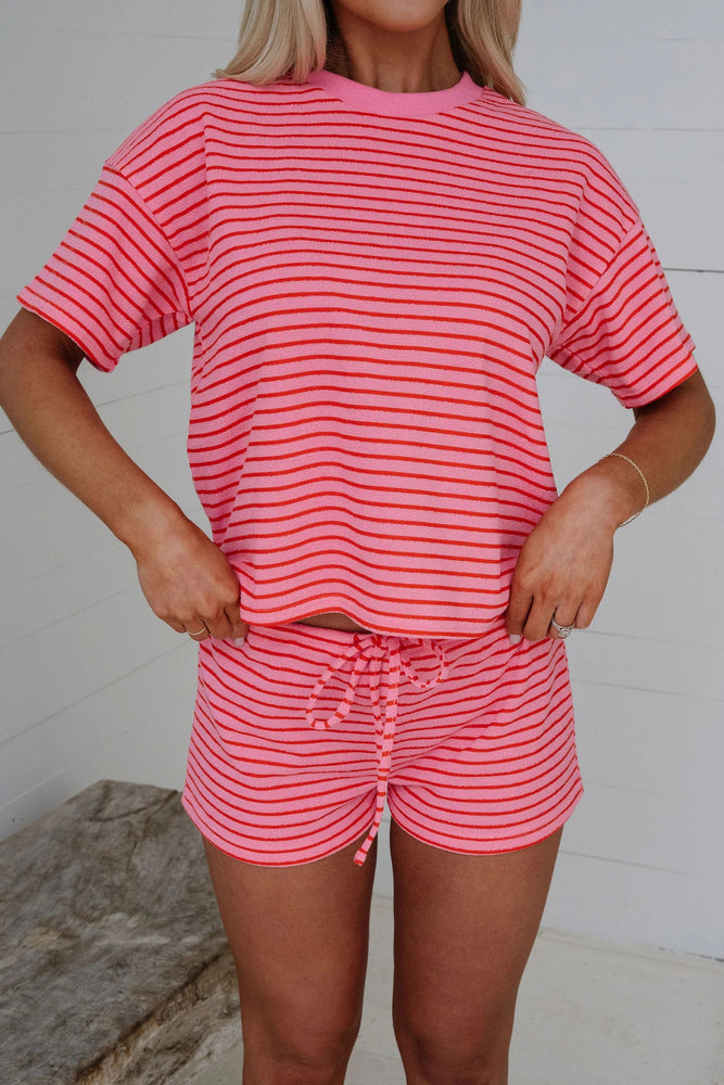 Rose Stripe Side Split Knit Tee Drawstring Shorts Set Dear lover