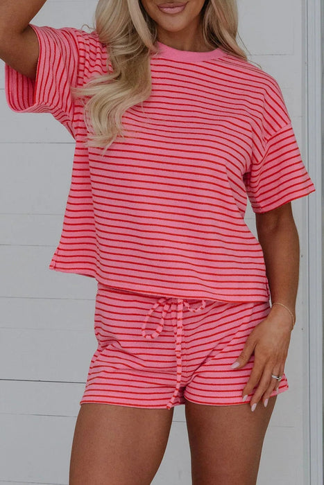 Rose Stripe Side Split Knit Tee Drawstring Shorts Set Dear lover