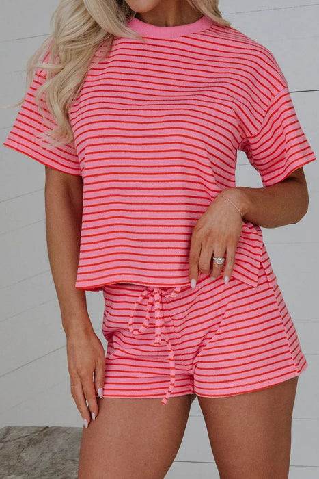 Rose Stripe Side Split Knit Tee Drawstring Shorts Set Dear lover