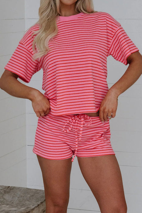 Rose Stripe Side Split Knit Tee Drawstring Shorts Set Dear lover