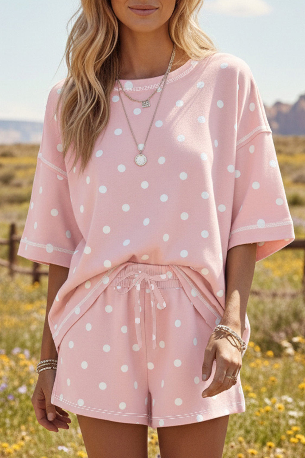 Pink Polka Dot Loose Tee & Drawstring Shorts Set