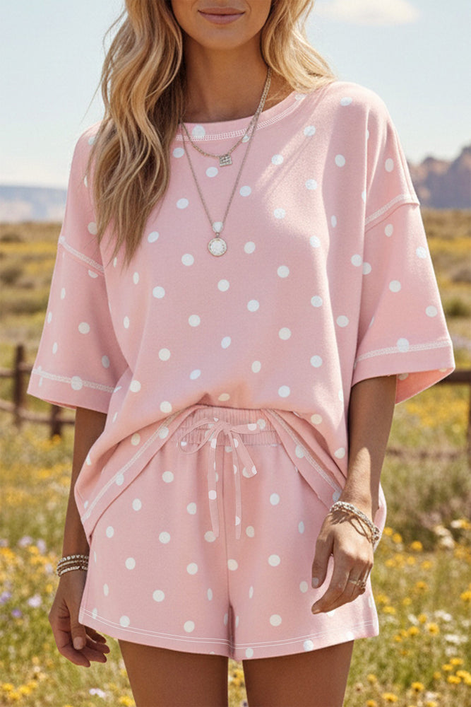 Pink Polka Dot Loose Tee & Drawstring Shorts Set
