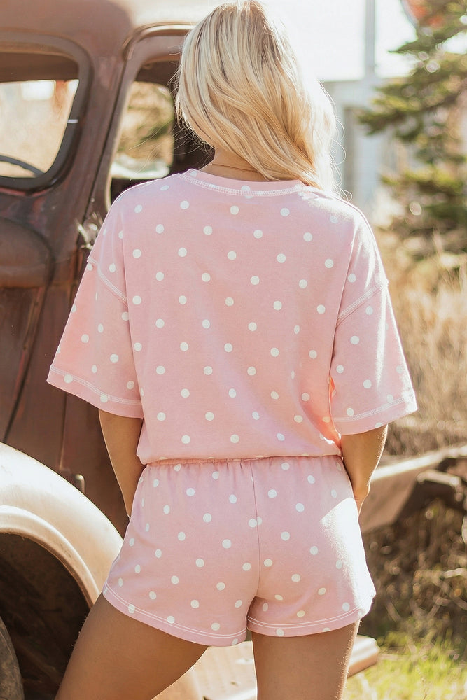 Pink Polka Dot Loose Tee & Drawstring Shorts Set