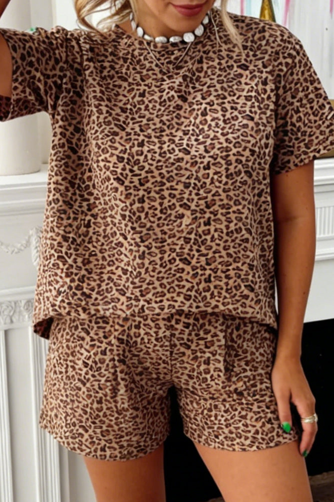Brown Leopard Casual Tee and Shorts 2pcs Outfit Dear lover