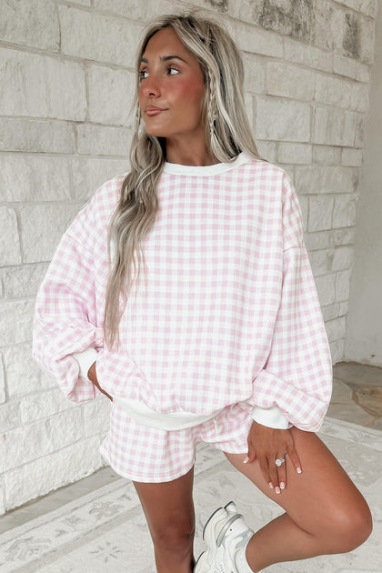 Pink Plaid Baggy Pullover & Drawstring Shorts Set