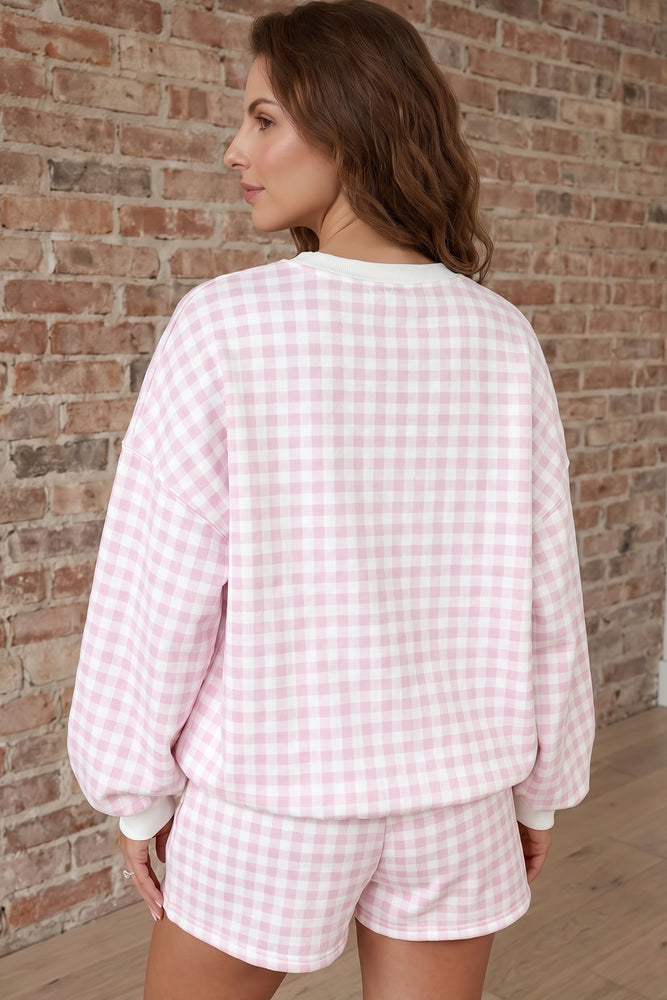 Pink Plaid Baggy Pullover & Drawstring Shorts Set