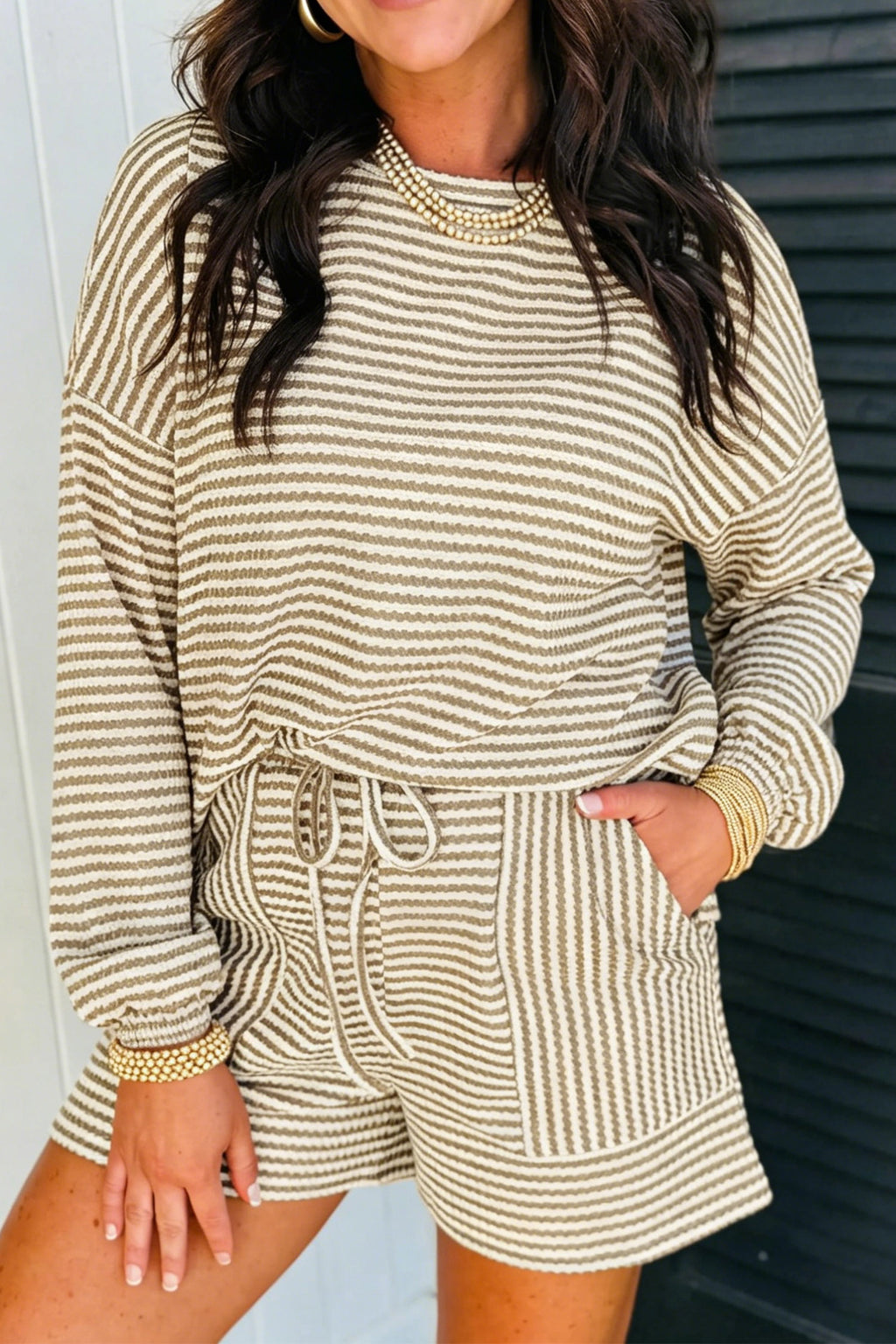Brown Stripe Textured Knit Long Sleeve Top & Shorts Set