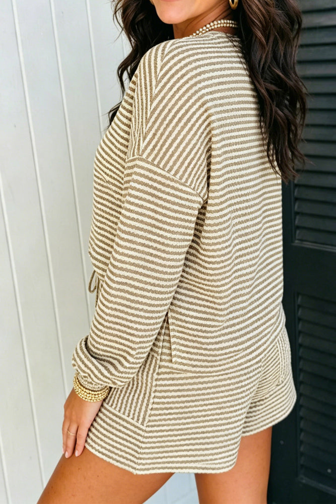 Brown Stripe Textured Knit Long Sleeve Top & Shorts Set
