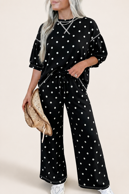 Black Polka Dot Half Sleeve Top & Casual Pants Set