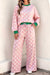 Pink polka dot contrast trim pants set view 1