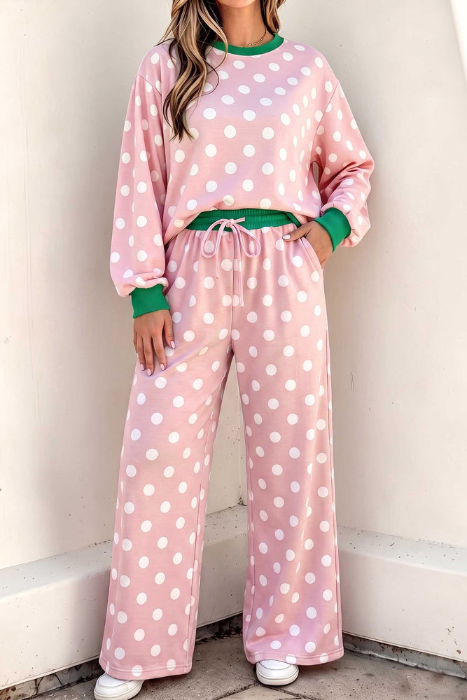 Pink polka dot contrast trim pants set view 1