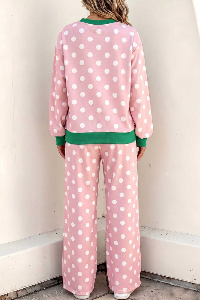 Pink polka dot contrast trim pants set view 2