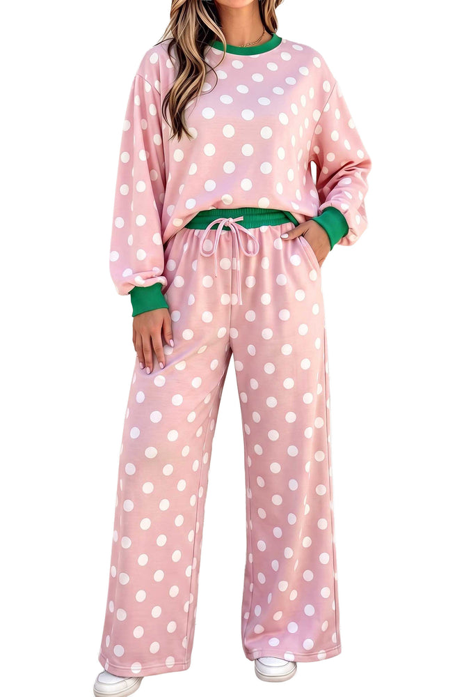 Pink polka dot contrast trim pants set view 3