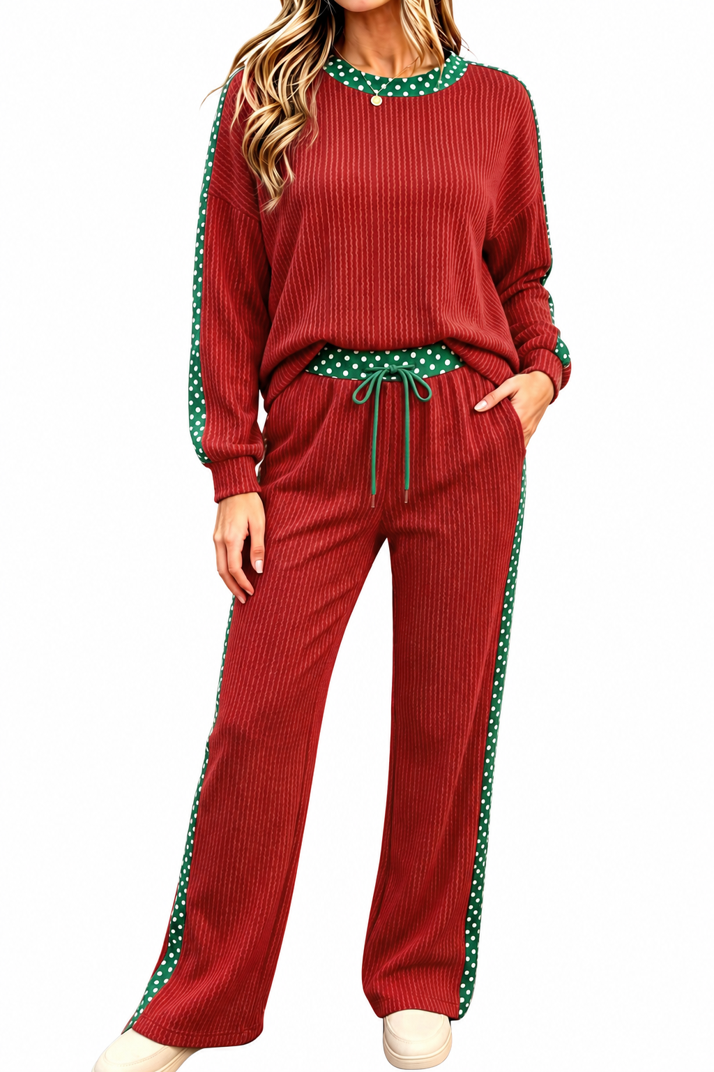 Red Ribbed Polka Dot Trim Pant Set