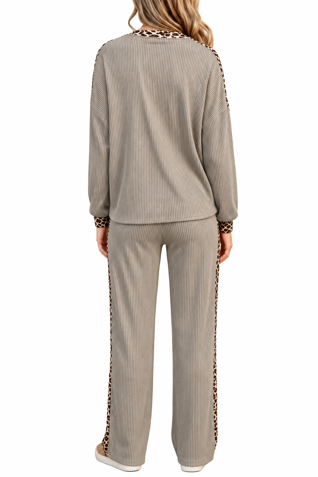 Taupe Ribbed Leopard Trim Pant Set