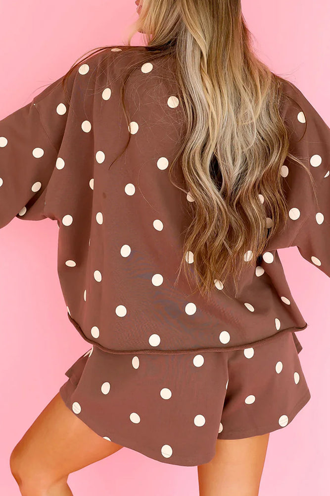 Brown Polka Dot Raw Hem Pullover & Skort Set