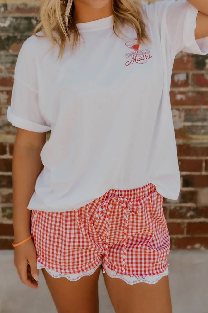 Red Gingham Plaid Casual Shorts – Tie Waist & Lace Hem Dear lover