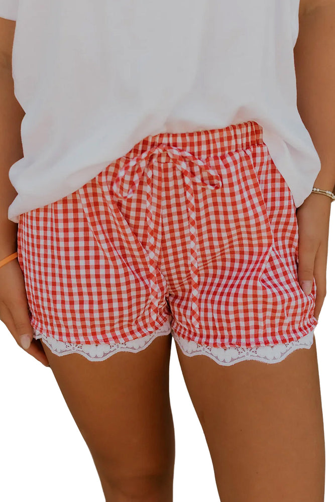 Red Gingham Plaid Casual Shorts – Tie Waist & Lace Hem Dear lover