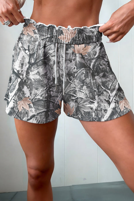 Gray Abstract Maple Leaf Printed Tie Elastic Waist Shorts Dear lover