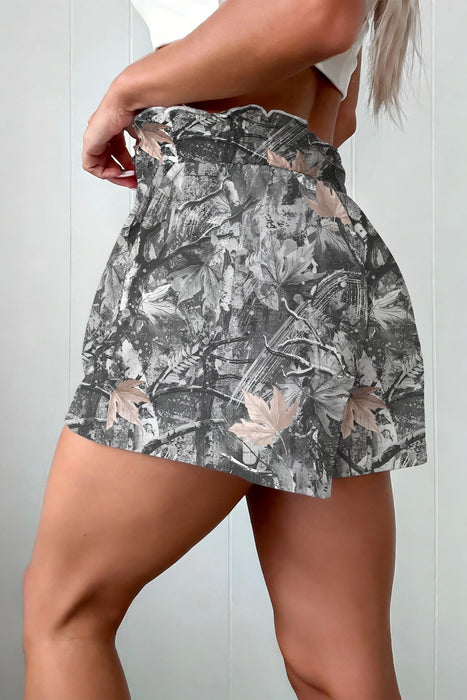 Gray Abstract Maple Leaf Printed Tie Elastic Waist Shorts Dear lover
