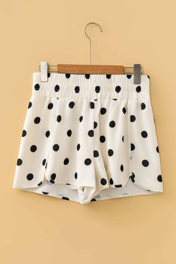 Apricot Polka Dot Print Shirred High Waist Casual Shorts