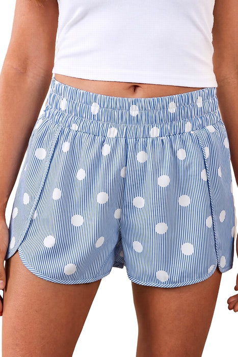 Sky Blue Polka Dot Print Shirred High Waist Casual Shorts Dear lover