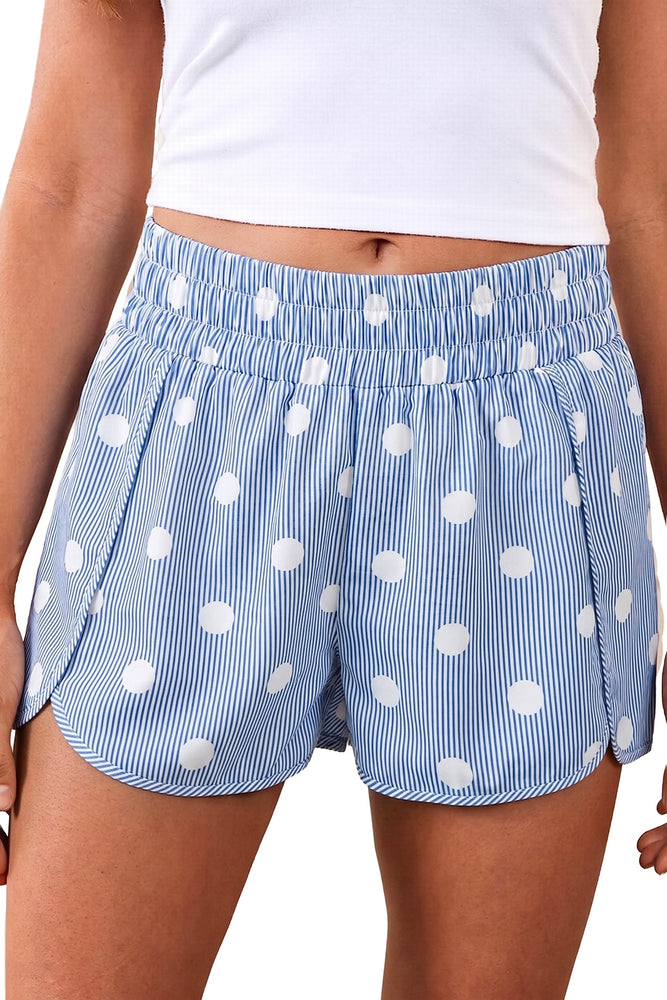 Sky Blue Polka Dot Print Shirred High Waist Casual Shorts Dear lover